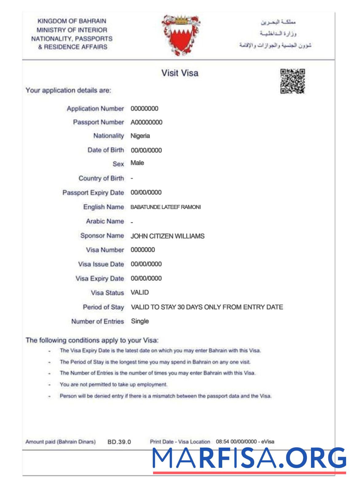 Realistic Bahrain e visa template